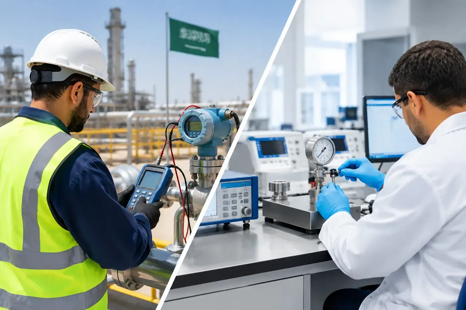 A split-screen image comparing onsite industrial calibration at a Saudi facility with precision pressure gauge calibration in a controlled laboratory.