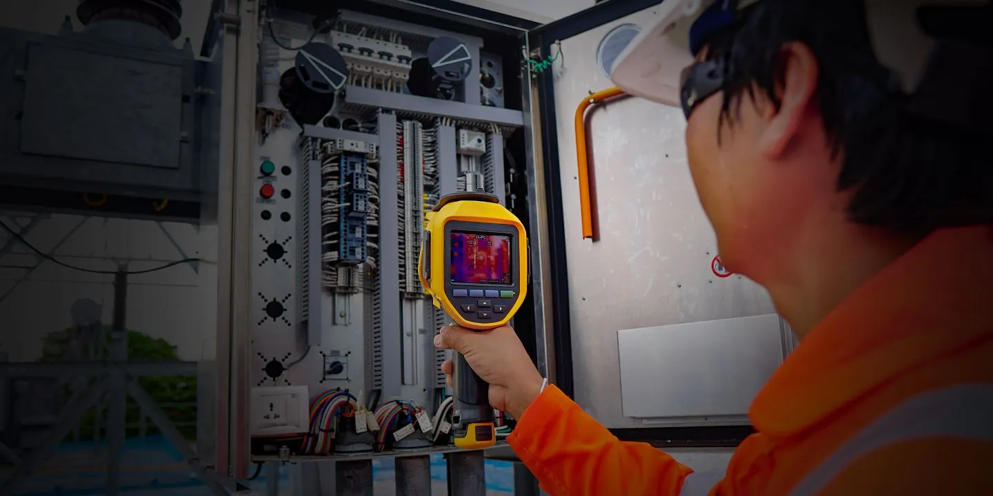 An engineer surveying a live distribution panel with a thermal imaging camera