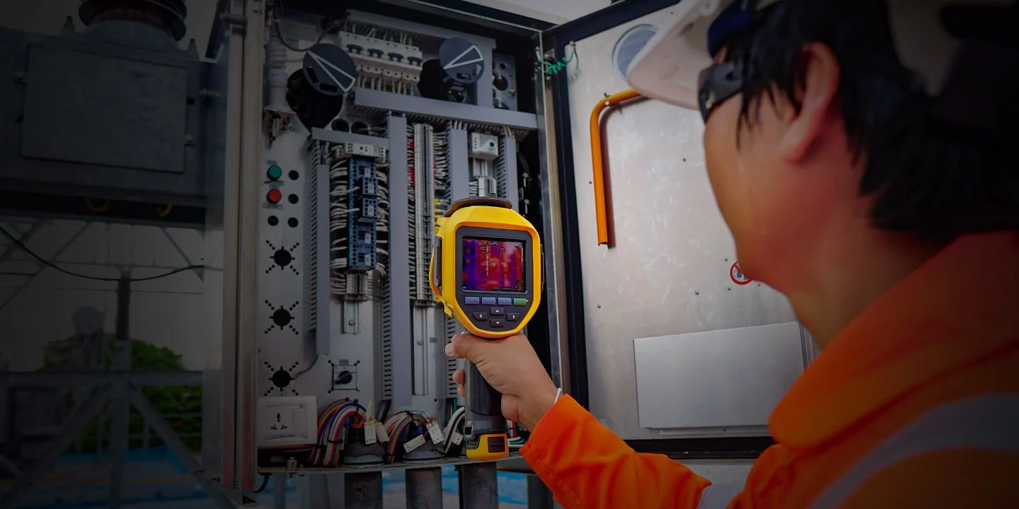 An engineer surveying a live distribution panel on site with a thermal imaging camera