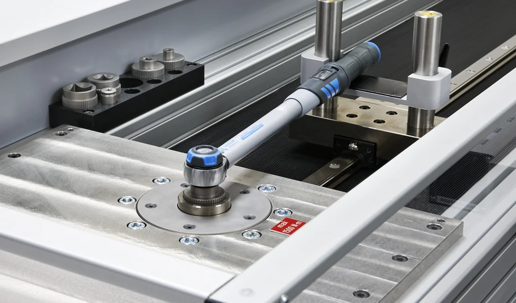 A torque wrench being verified on a torque transducer